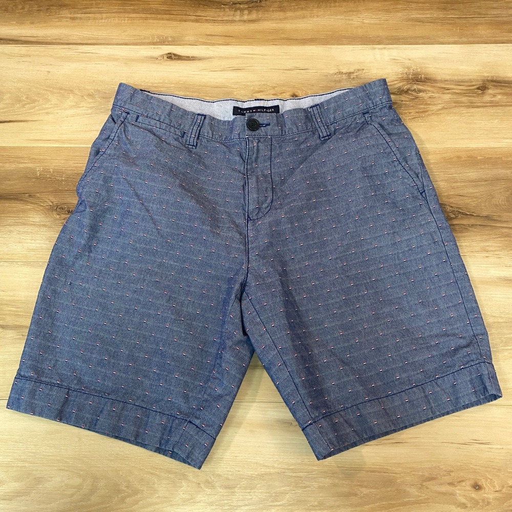Tommy Hilfiger Mens Blue Chambray Embroidered Flag Chino Shorts 32 Flat Front